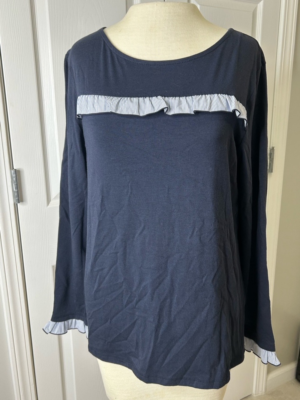 Talbots Navy Ruffle Blouse – Striped Detail – Long‎ Sleeve – Size M